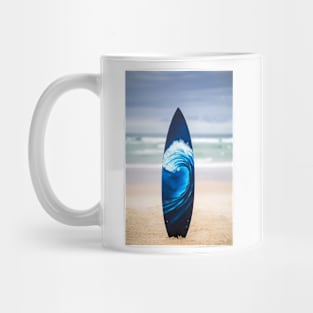 Dark blue wave painted on recycled surfboard on the beach Mug